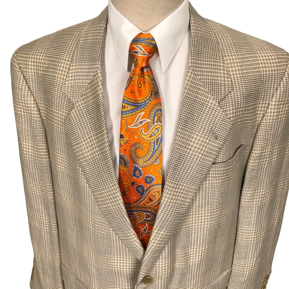 Hugo Boss Corleone Blazer Mens 44R Beige Prince Edward Plaid Wool Linen Jacket